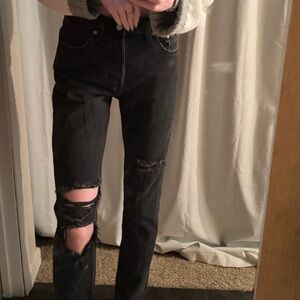 High Rise Black Distress Denim Jeans with Button Fly